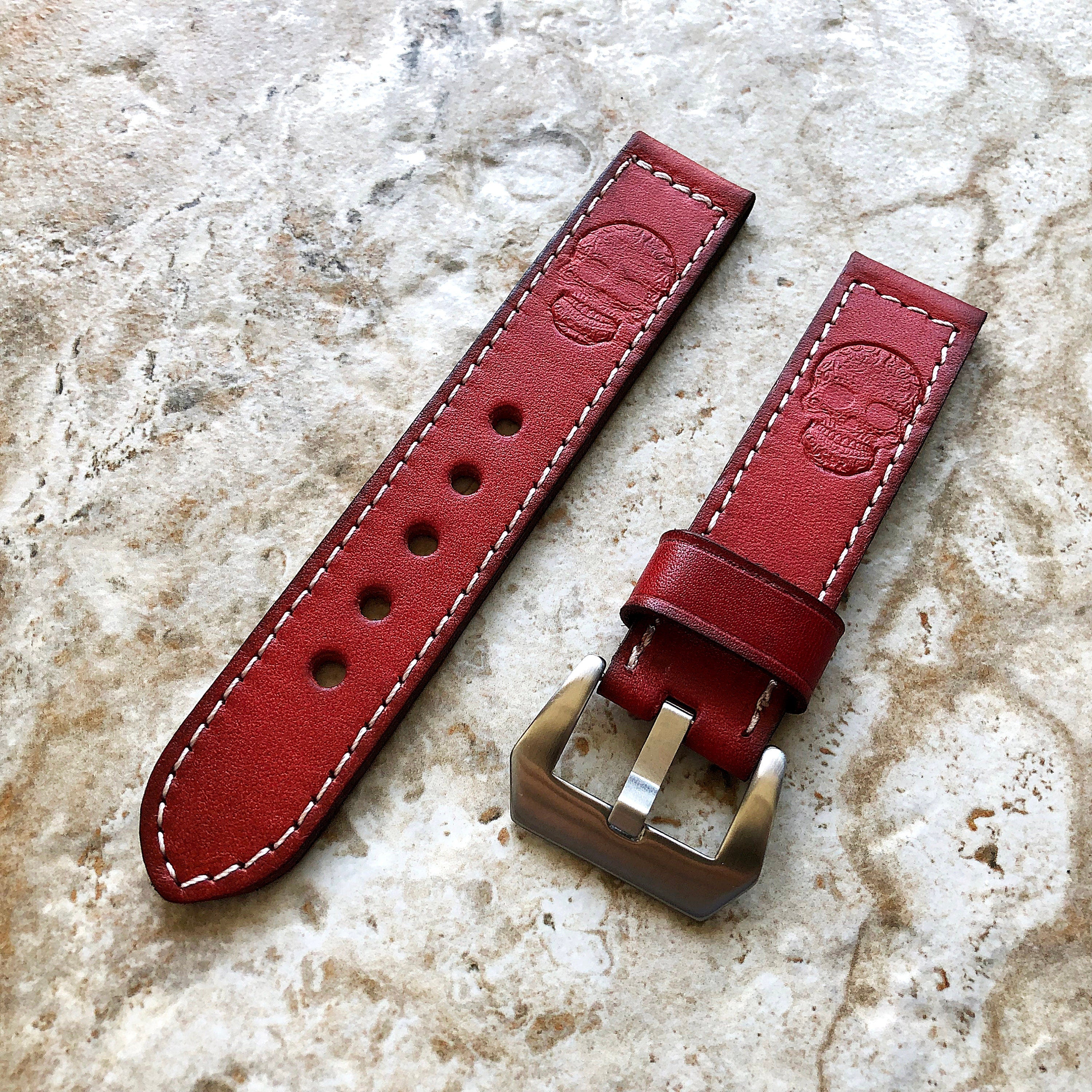 Limited New Red Skull Band 22mm 24mm 25mm Compatible with Apple Watch Fitbit Versa 2 3 4 Sense 2 Ionic Strap Embossed Tooled Real Leather